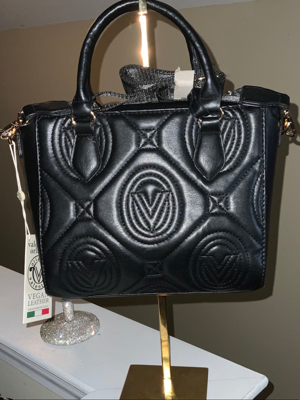 Valentino Orlandi Black Quilted Satchel with Gold Hardware